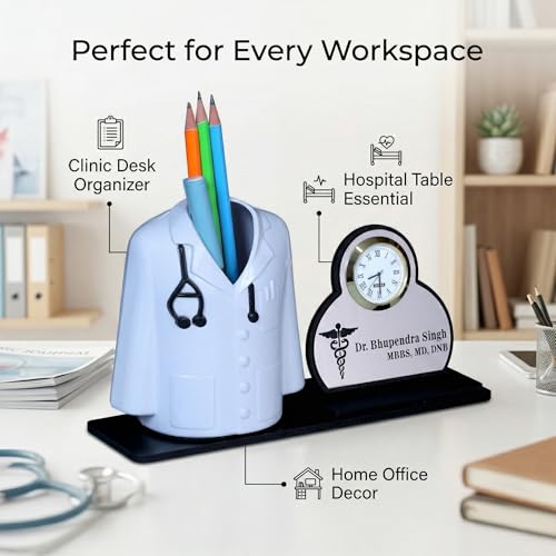 Image of Premium Apron /Coat Shape Pencil Holder for Clinic and Office Desk with clock | personalized gift for doctor Pen Stand | The best gift for doctors female, male & Medical Aspirants