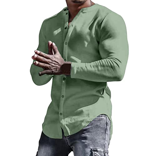 Hombre Otoño e Invierno Algodón Simple Botón Manga Larga Color Sólido Camisa al aire libre sin cuello Pack de 3 Polos para Hombres, verde, XXL