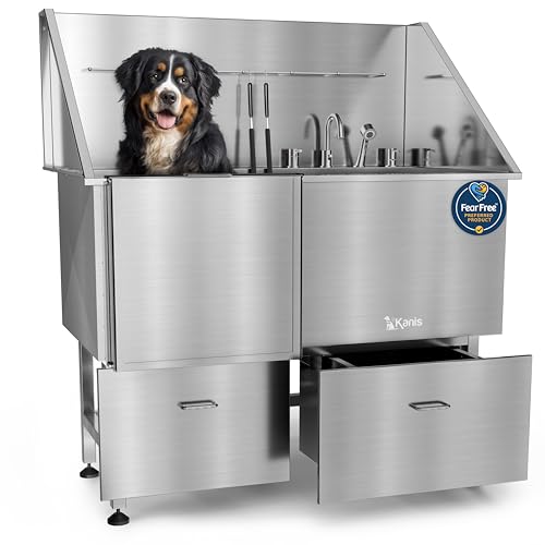 Image of KANIS Professional Dog Washing Station 304 Stainless Steel Pet Wash Sink & Grooming Bathtub w /Shower, Floor Grates and Storage for Large, Medium & Small Pets (Silver, 50 Inches, Left Ramp, 2 Drawers)
