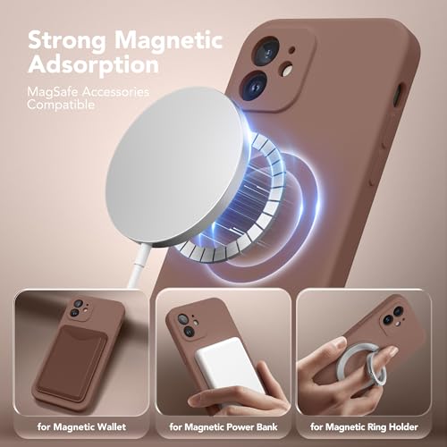 Image of Magnetic for iPhone 12 Case, Compatible with MagSafe, [Full Camera Protection][Screen Protector] Silicone Shockproof Protective Phone Case for iPhone 12 6.1 inch, Brown