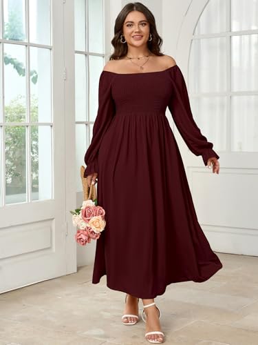 Women's Plus Size Maxi Dress Long Sleeve Square Neck Smocked Flowy A-Line Boho Wedding Party Maxi Dress3