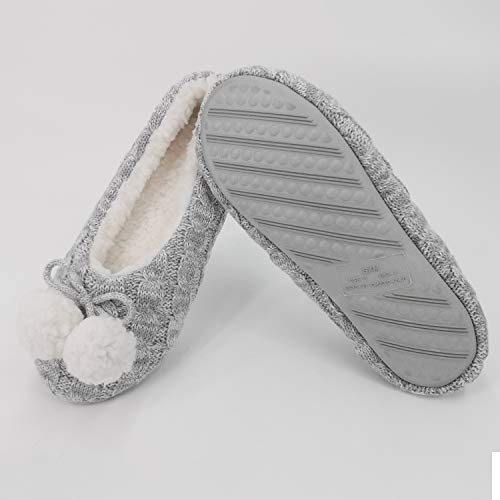 Ofoot Womens Indoor Warm Cable Knitted Pom Pom House Shoes,Ballerina Slipper Socks,Washable Ballet Style Flats,Soft Memory Foam Soled Non Slip Rubber Bottom(Grey,Us 5-6) #TOP4
