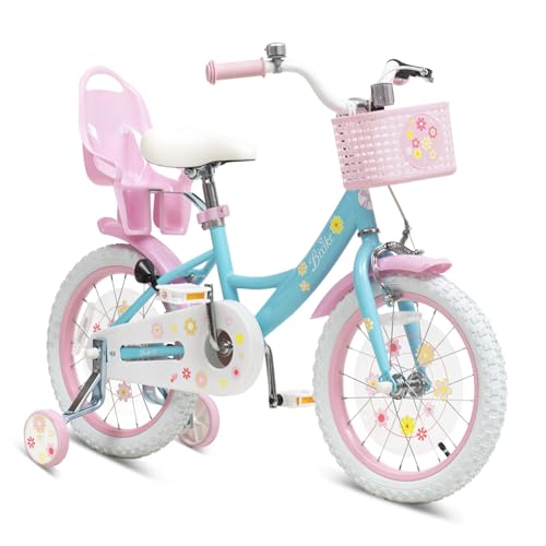 Bixike Girls Bike with Basket for Toddlers and Kids Aged 3-14 Years Old, 14 16 18 Inch with Training Wheels & Doll Seat, 20 Inch with Kickstand & Rear Rack, Princess Style Bicycle for Gift