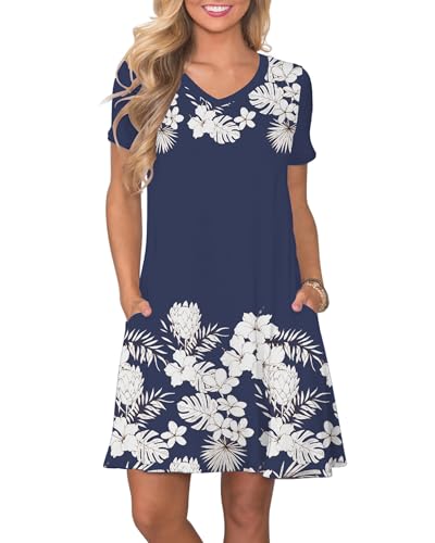 Image of COSSEN Women's Casual T Shirt Dress V-Neck Short Sleeves Swing Dresses Birthday Party Summer Travel Beach with Pocket