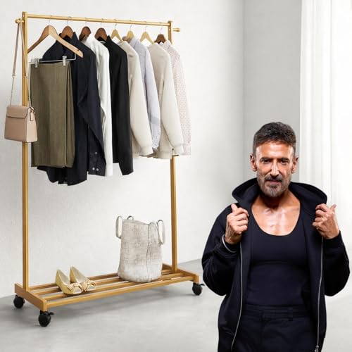 Image of ADA Premium Bamboo Garment Rack with Hanging Rail & Side Hooks, Multipurpose Coat Hanger Stand for Clothes, Jackets, Bags & Umbrellas, Heavy Duty Clothing Organizer for Bedroom & Entryway - Beige