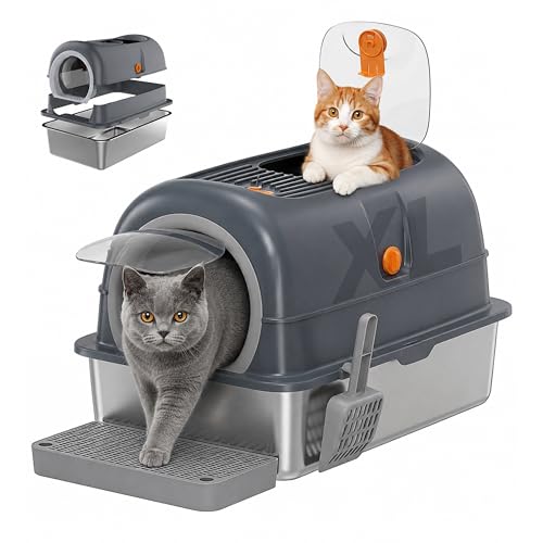 Arenero de acero inoxidable grande con tapa para gatos miniatura 1