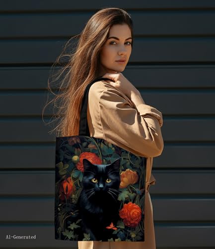 Image of Cute Cat Canvas Tote Bag for Women, Aesthetic Reusable Shoulder Bag for Shopping Travel Work