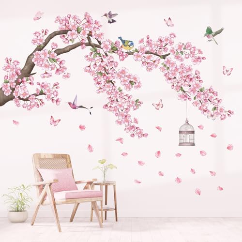 DECOWALL Cherry Blossom Tree Wall Stickers Pink Flower Branch Birds Wall Decals Bedroom Living Room Sofa TV Background Home Décor (SG2-2426)