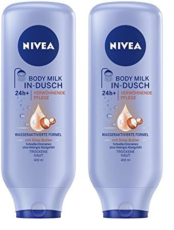 NIVEA In-Dusch Soft Milk (400 ml), Körpercreme mit Shea Butter und wasseraktivierter 5in1 Pflege Formel, feuchtigkeitsspendende Body Lotion für die Dusche (Packung mit 2)