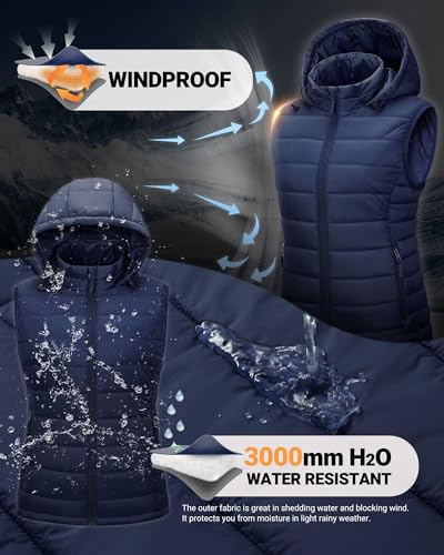 Outdoor Ventures Damen Steppweste mit Kapuze Packbare Übergangswesten Gefütterte Hybrid Sportweste Frau Warme Fahrradweste mit Stehkragen für Wandern Camping Dunkelblau XL