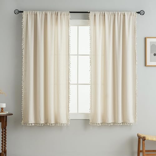 VOILYBIRD Small Window Curtains Tassel Fringe Geometric Design Boho Curtains 54 Inch Length 2 Panels Set, W40 x L54, Beige
