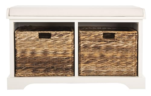 SAFAVIEH Home Collection Freddy Vintage White/ Wicker Basket 2-Drawer Storage Bench with Cushion...