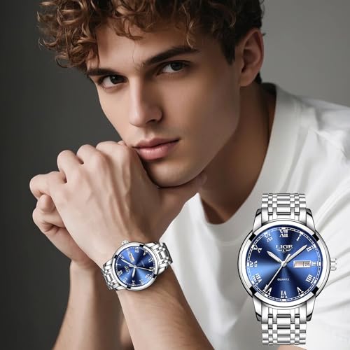 LIGE Reloj Hombre, Cuarzo Analógico Relojes Hombre, Correa de Acero Inoxidable, Esistente al Agua 3ATM, Manecillas Luminiscentes, Elegante y Casual Diseño, Plateado