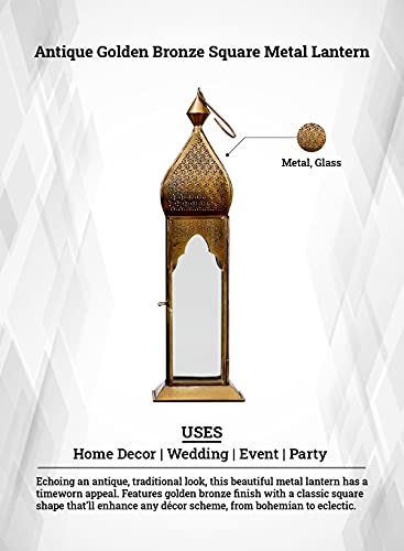 Serene Spaces Living Antique Golden Bronze Square Metal Lantern, Clear Glass Paneled Tealight Holder, Vintage Decor Lantern For Dining Table, Wedding, Holiday, Event, Measures 3" Diameter * 16" Tall #TOP5