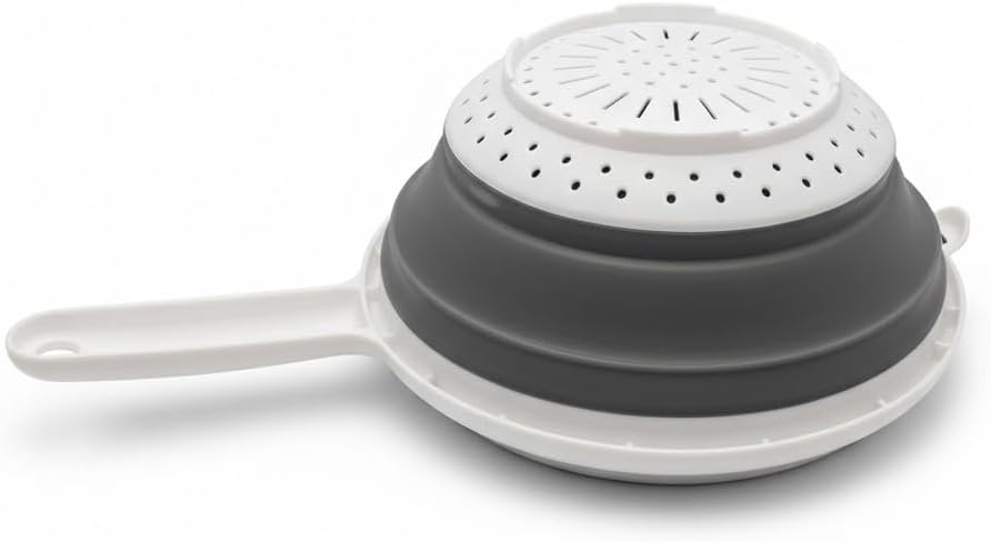 Handy Housewares 8" Round Space Saving Collapsible Silicone Kitchen Colander Food Strainer with Handle - White (1 Pack)