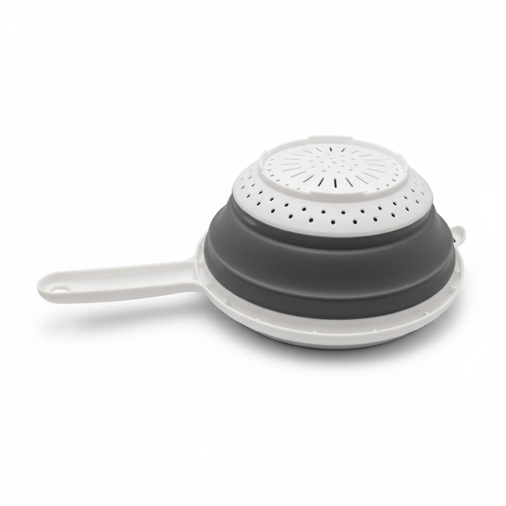 Colador de alimentos redondo de silicona plegable para ahorrar espacio de 8 pulgadas con mango - blanco (paquete de 1)