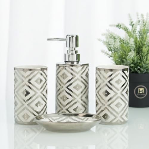 Image of Kookee Ceramic Bathroom Accessories Set of 4, Modern Bath Set with Liquid handwash Soap Dispenser and Toothbrush Holder, Luxury Gift Accessory for Home (12229)