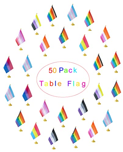 Fwiw 50 Pack Rainbow Pride Flag Set Rainbow Desk Flag Small Mini Gay Lgbt Office Table Flags With Stand Base,Rainbow Mardi Gras Themed Party Decorations #TOP1