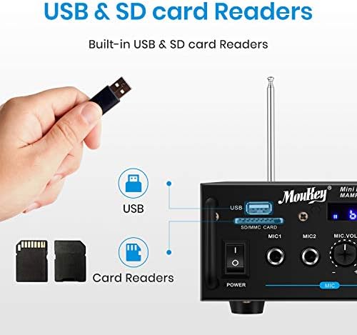 Bluetooth Audio Amplifier, Moukey Stereo Amplifiers Peak Power 100W 2 Channel, Hi-Fi Power Desktop Amp Receivers with FM Radio, MP3/USB/SD Readers, 2 Mic Input, Remote MAMP3
