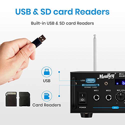 Moukey 2 Channel Amplifier For Stereo Audio Speakers Bluetooth 5.0 - Portable Rms 100W, Desktop Power Receivers With Fm Radio, Mp3/Usb/Sd Readers, 2 Mic Input, Remote Mamp3 #TOP3