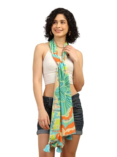 Image of KE KANHA EXPORTS Scarf for Women Boho | Border Print Stylish | Stole for Women Breathable Summer Beach Wrap with Tassels | Multicolour |180 x 50 cm FREE Scrunchie Included