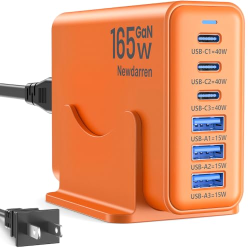 Image of 165W Charging Station, 6 Port Desktop Charger, 3 Ports 40W Orange | Multi-Device Charger, 3 PD USB C 40W and 3 15W USB A, Compatible with iPhone, Galaxy, MacBook, Tablets, Home Office, Travel