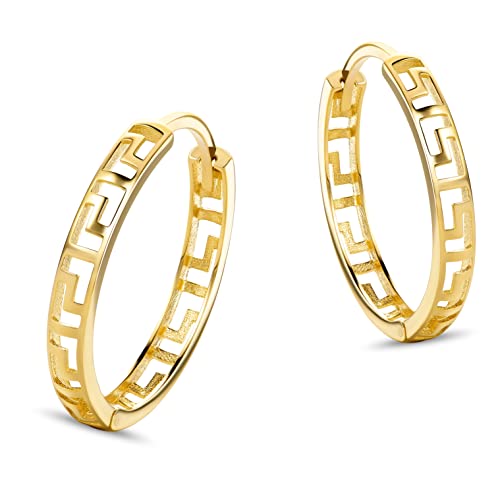 Boucles d'oreilles créoles or jaune motif clé grecque anneaux or 9 carats EP003