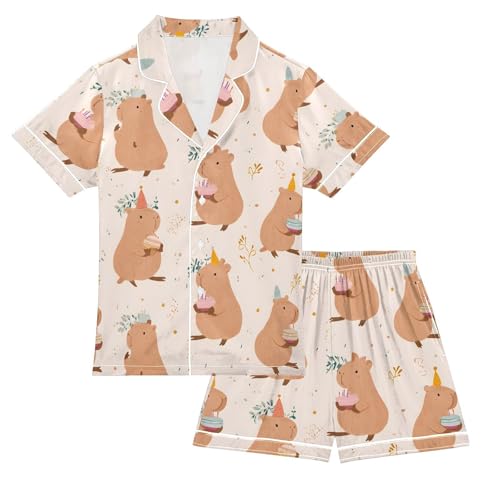Capybara Cake Pajamas Set Soft Satin Pjs Sets 2 Piece Short Sleeve Sleepwear Casual Loungewear