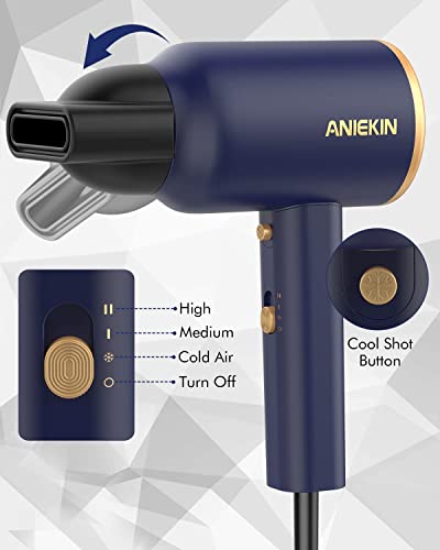 Aniekin Hair Dryer, Blow Dryer With Diffuser, 1875W Professional Ionic Hair Dryer For Travel, Portable Hair Dryers & Accessories For Women Curly Hair, Blue #TOP6