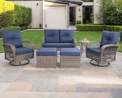 FKLUG 6 Pieces Patio Furniture Set, Outdoor Wicker Sofa Couch with 360° Swivel Rocking Chairs,Patio Conversation Sets with Ottoman and Coffee Table for Outside Porch Backyard Pool (Blue)