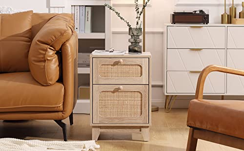 Betterhood Rattan Nightstand, Boho Side Table With Handmade Rattan Decorated Drawer And Door, Mid-Century Modern Nightstand For Bedroom, Living Room, Natural #TOP4