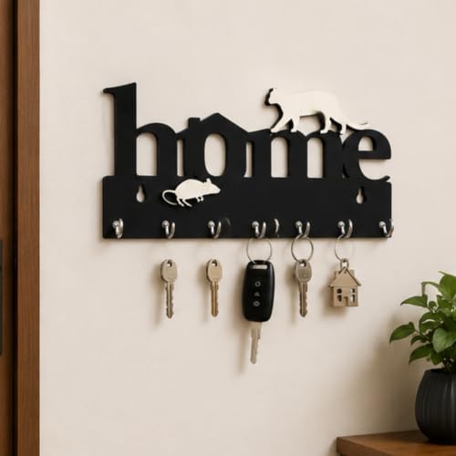 Image of Webelkart Premium Home Keys Wooden Key Holder (29 cm x 13.5 cm x 0.4 cm, Wood) 7 Hook - Decorative Items for Home Decor (Black-1)
