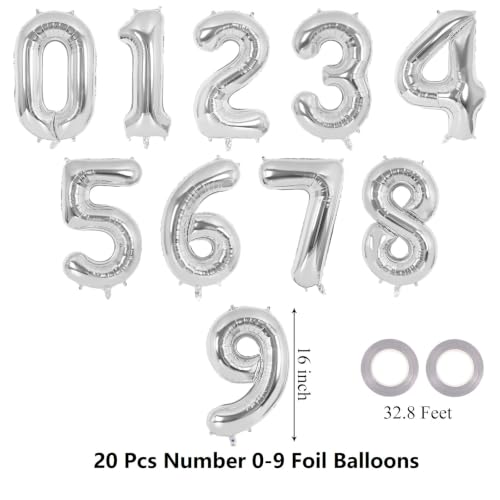 Image of 20 Pcs 16 Inch Silver Number 0-9 balloons, Number Foil Balloons, Small Mylar Numbers Balloon Custom Digital Balloons for Birthday Aniversary Baby Shower Party Decorations Supplies (Silver 2 Set)