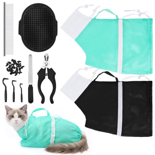 Image of JULMELON Cat Bathing Bag Kit Adjustable Mesh Cat Washing Bag with Nail Clippers Nail File Brush Comb Tick Remover Tool Pet Grooming Bag for Cats and Small Dogs