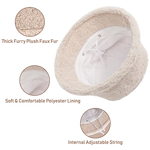Image of Bucket Hat Women Furry Fuzzy Bucket Hats for Ladies, Winter Warm Fluffy Plush Faux Fur Hat for Women