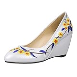 high heels mit blumen MISSUIT Damen Rockabilly High Heels Keilabsatz Pumps mit Blumen Stickerei Wedge Runde Zehen Schuhe(Weiß,36)