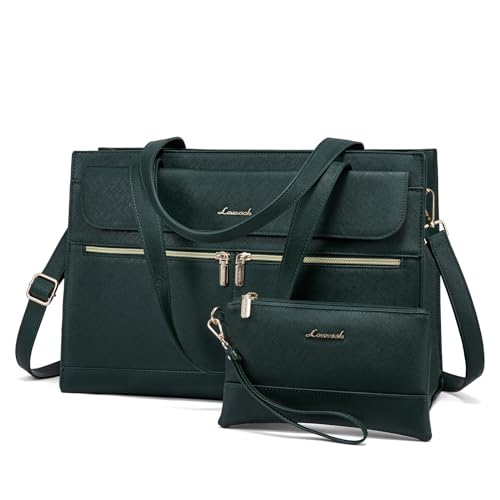 Image of LOVEVOOK Laptop Bag for Women 15.6 Inch Tote Work Professional Leather Computer Briefcase Waterproof Handbag Shoulder Large Capacity Business Teacher Office Crossbody Purse, 131# Dark Green