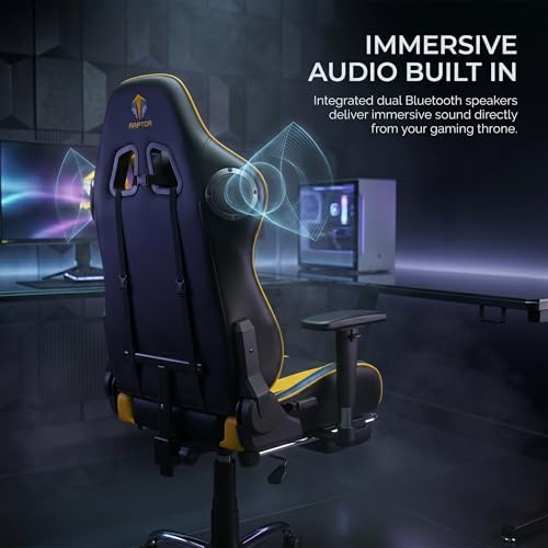 Image of RAPTOR NEXUS RGB Gaming Chair with Bluetooth Speakers, Full-Body Multi-Zone Massage, Recliner with Footrest, 3D Armrests & LED Lighting | Ergonomic PU Leather Gaming Chair for Gaming & Office (Yellow)