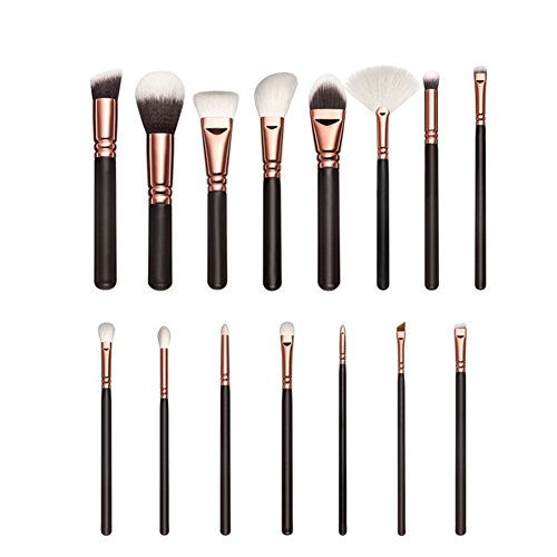 15 New pinceles Luxe cepillos de maquillaje cosmética Kit Profesional sintéticas | calidad superior | Cosmetic Makeup Brush Set 15pcs | bolsa de almacenamiento piel Design | polvo y Base de maquillaje para cara y ojos | Idea regalo (Marrón)