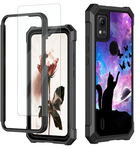 RAUEDWDJS for Cricket Icon 5 Case, AT&T Motivate 4 Phone Case with Glass Screen Protector,360 Full-Body Hard PC & Soft TPU Bumper Shockproof Protective Phone Case for Icon 5th,Nebula Cat Butterfly