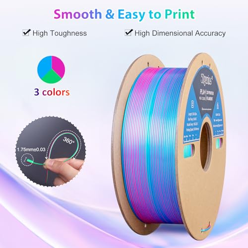 Image of Silk Triple Color PLA Filament 1.75mm, 3-in-1 Coextruded Shiny Multicolor 3D Printer Filament, 1KG(2.2lbs) Spool, Silk Rose Red /Sky Blue /Green, Clog-Free & Bubble-Free for FDM 3D Printers