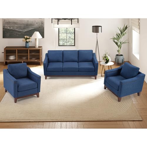 Image of Modern 3 Piece Sofa Set with Rivets, Included Chenille Accent Chair Set of 2, and Upholstered 3-Seater Couches with Solid Wood Legs, Living Room Furniture Set,Blue