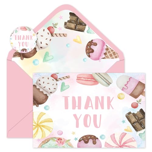 Cartes de remerciement crème glacée rose et macaron Whaline avec enveloppes pour fête | 24 pcs