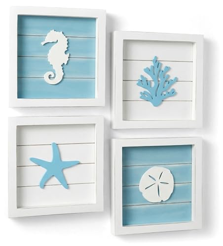 Tide and Tales Coastal Wall Art (Framed Set of 4) Beach Bathroom Wall Decor with Starfish, Seahorse, Sand Dollar and Coral - Ocean Theme Turquoise Room Decor - Seashell Beach Decorations for Home 7" x 7"
