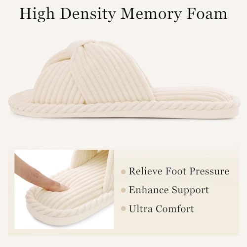 Image of Evshine Summer House Slippers for Women Corduroy Cross Bow Indoor Slippers Open Toe Slip On Bedroom Shoes with Memory Foam