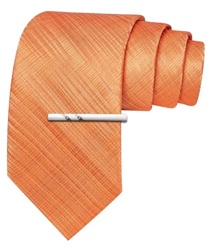 Image of Barry.Wang Orange Silk Men Ties Formal Stripes Necktie and Tie Clip for Wedding Party Business Fashion Classic