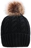 COSYWORLD Women's Faux Fur Pom Pom Fleece Lined Knitted Slouchy Beanie Hat