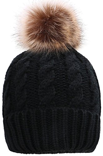 COSYWORLD Women's Faux Fur Pom Pom Fleece Lined Knitted Slouchy Beanie Hat