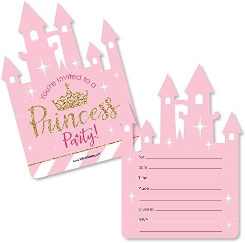 Little Princess Crown - Shaped Fill-In Invitations - Pink and Gold Princess Baby Shower or Birthday Party Invitation Cards with Envelopes - Set of 12