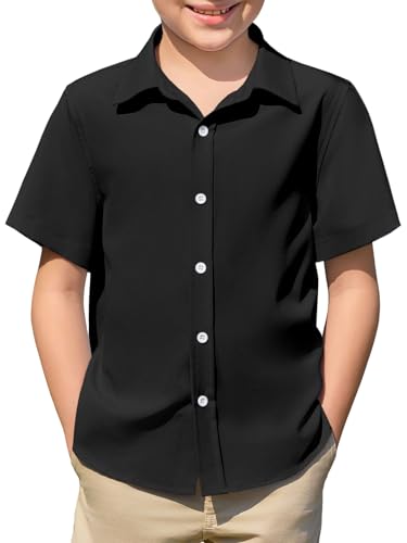 Haloumoning Jungen Hemd Sommer Kurzarm Shirt Kinder Einfarbig Freizeit Hemden Casual Basic Knopfleiste Oberteile Bügelleicht 5-14 Jahre, Schwarz, 13-14 Jahre